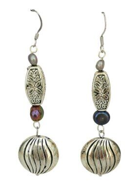 Boho Peacock grey freshwater pearl sterling silver dangle earrings